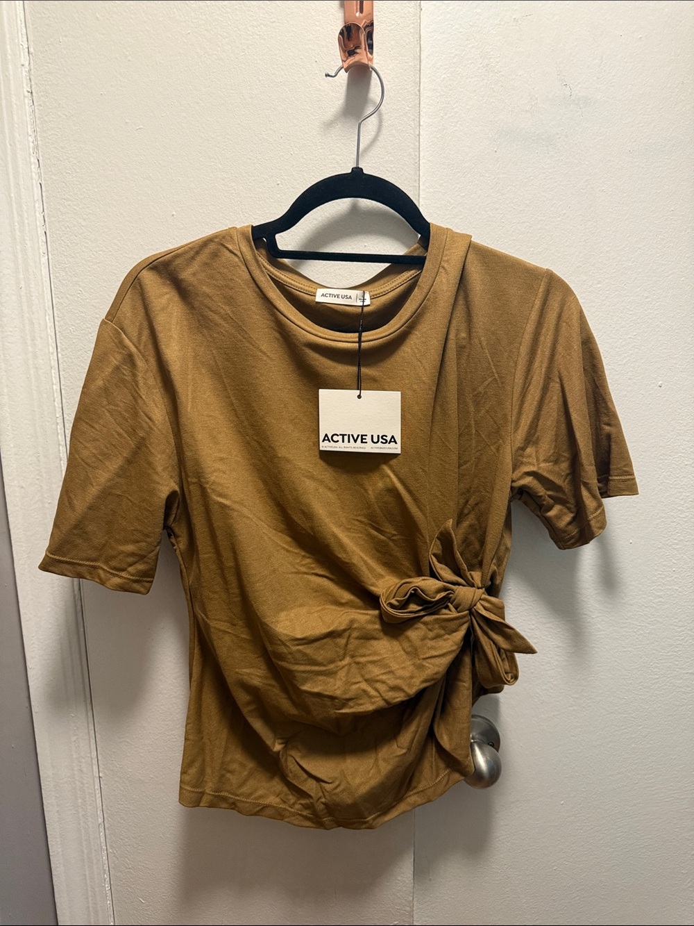 ACTIVE USA Knot-Accent Short Sleeve Top in Mustard Brown